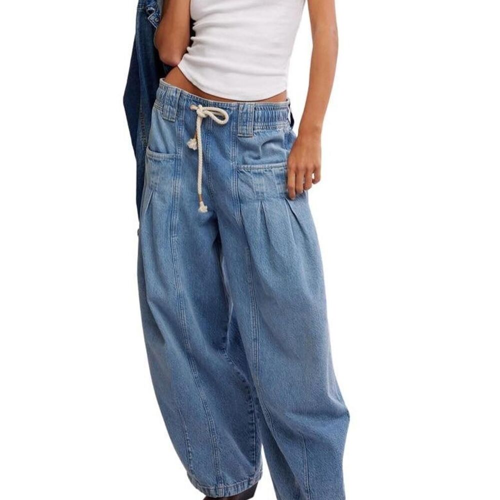 Free People We The Free Blue Denim Margo Barrel Pull-On Jeans